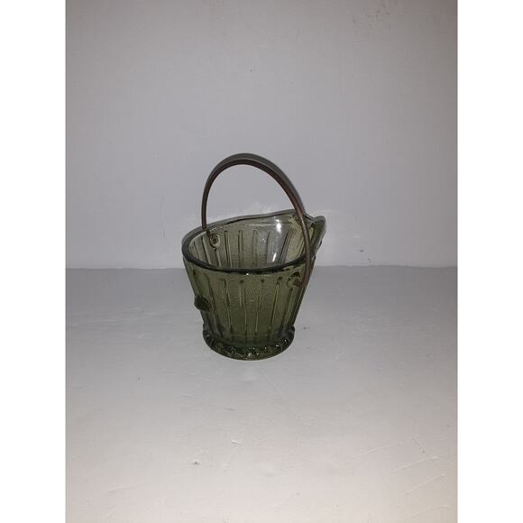 Vintage Hazel Atlas Green Mini Glass Coal/Ash Tray/Scuttle Bucket w/ Wire Handle - Picture 2 of 6